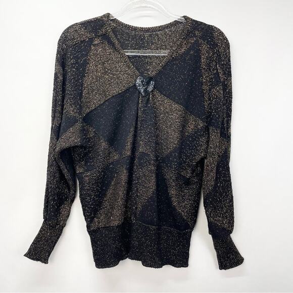Vintage Mademoiselle Metallic Sweater Gold Black Size Medium Sequin Heart - Picture 1 of 11